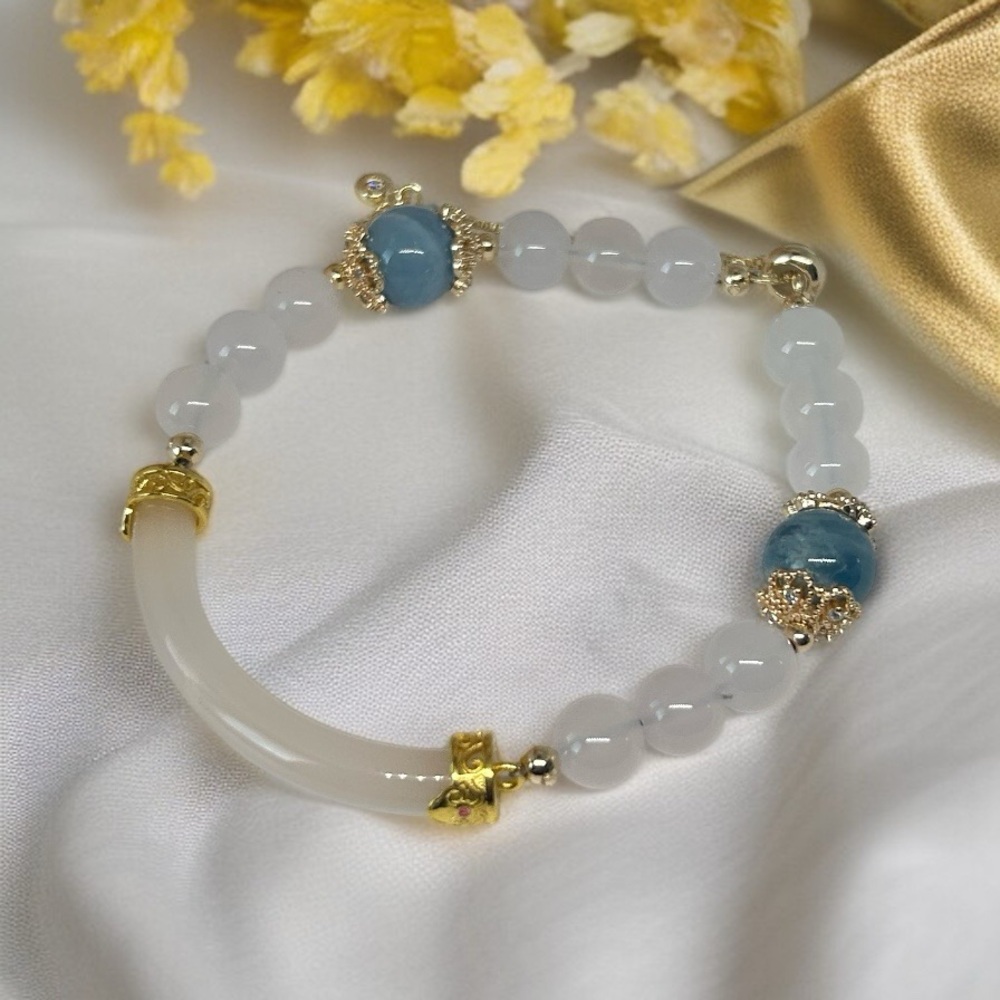 White Jade & Aquamarine Adjustable Bracelet – Gold Accents & Half Arch Bangle